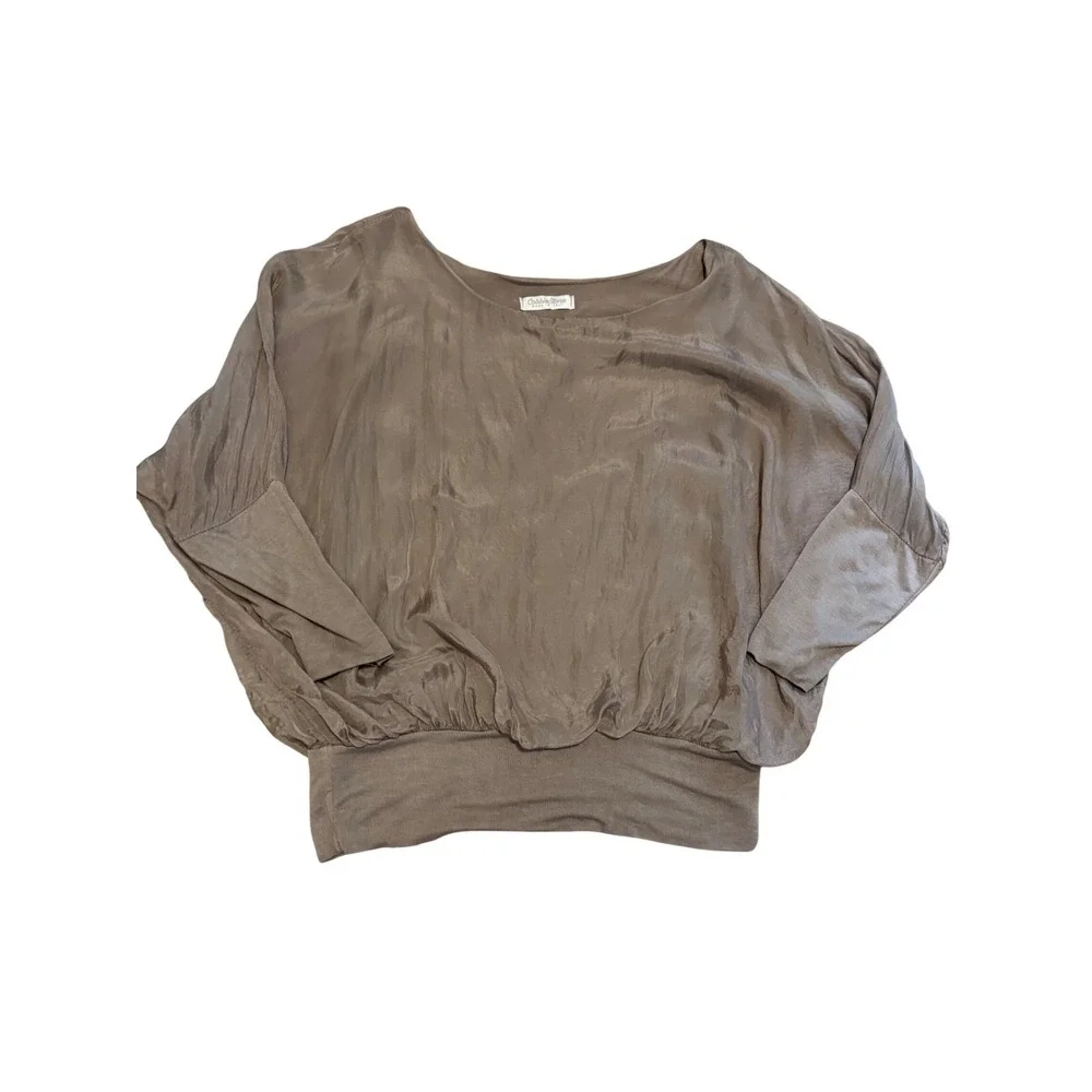 Cobblestone Made in Italy Silk Blend Dolman Sleeve Blouse Taupe Ribbed Hem Top - Picture 4 of 6